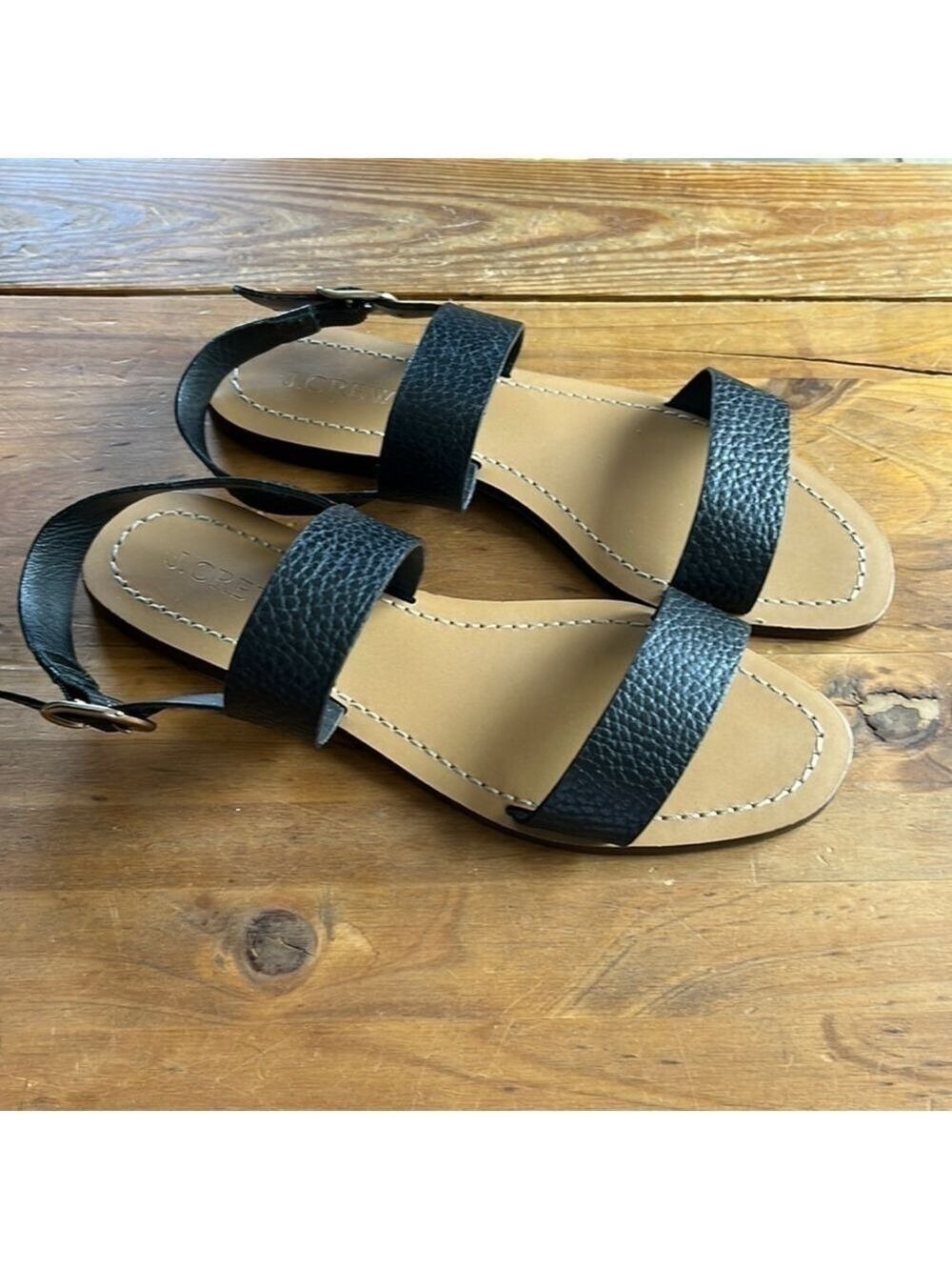 J. Crew Women’s Black Pebble Leather Flat Double Strap Sandals 6.5